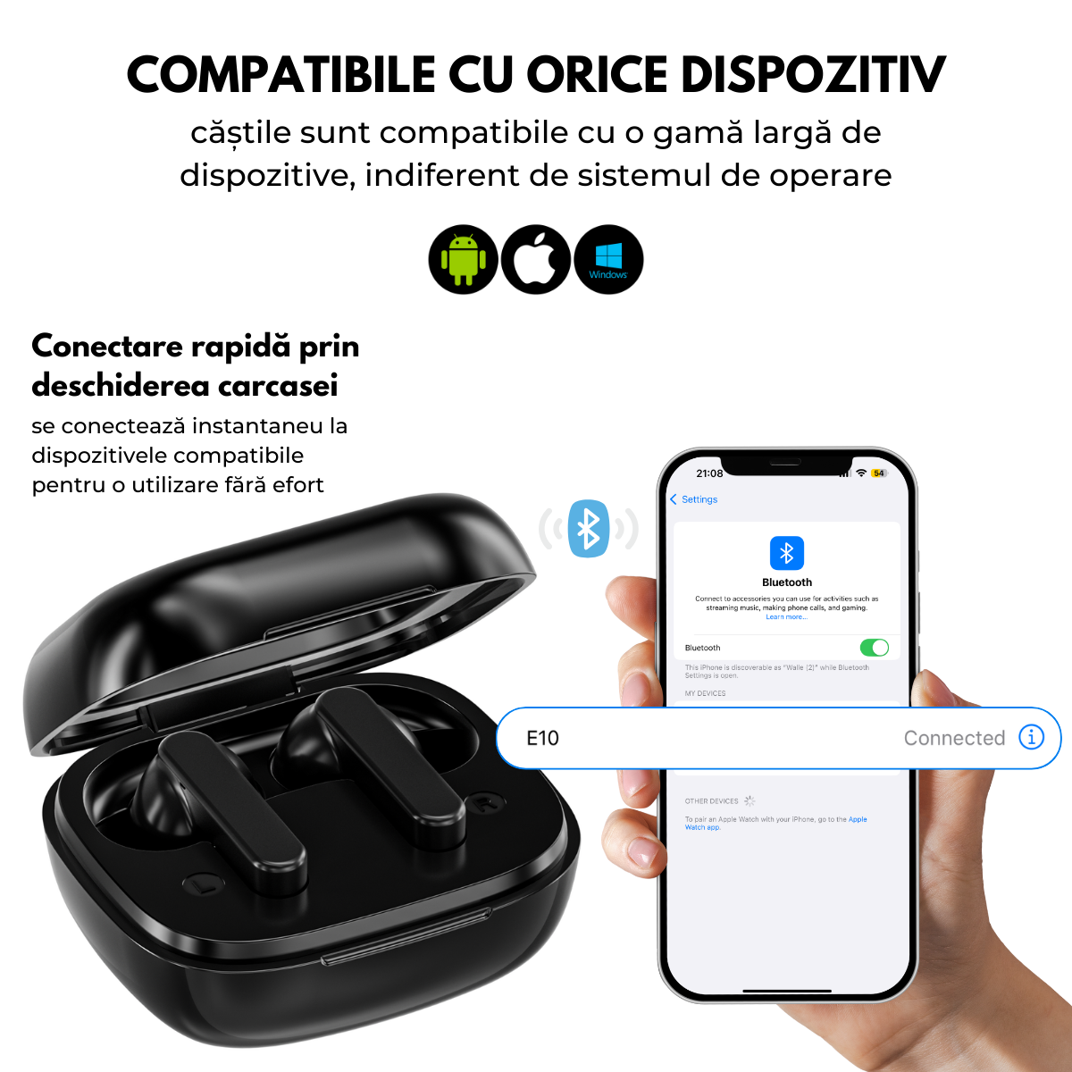 Casti cu Traducator pentru Conversatii in timp real, 144 Limbi, Traducere Foto, Carcasa incarcare cu Touch Screen, Bluetooth 5.4, Control tactil, T7, Negru, easyCTRL®