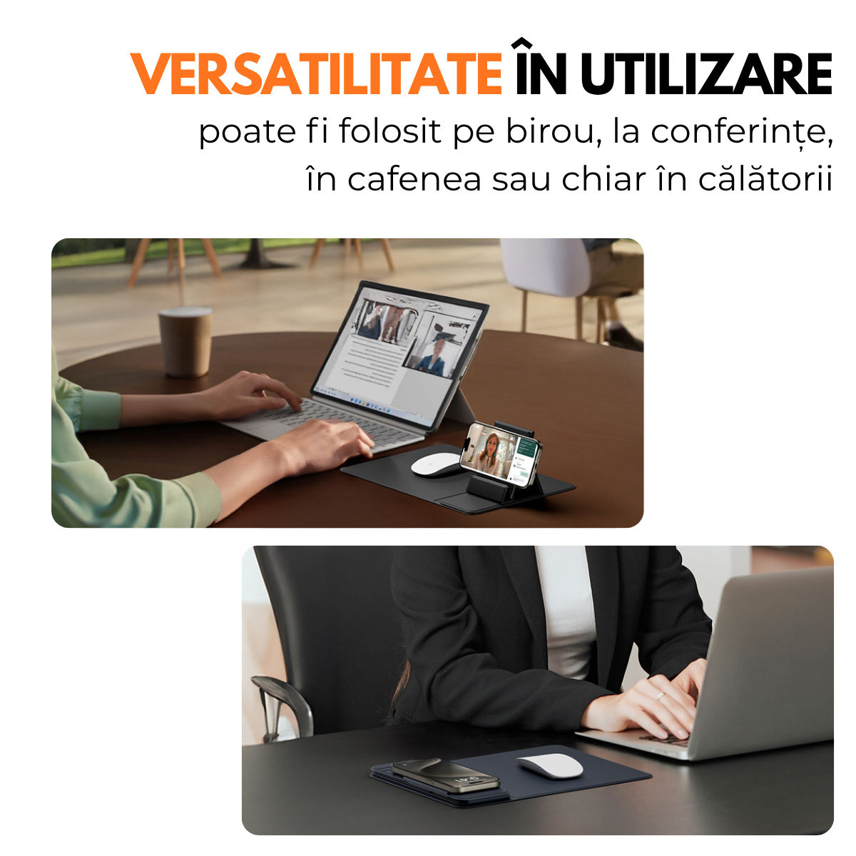 Mousepad cu Incarcator Wireless Pliabil, 2 in 1, 15W, Magsafe, Compatibil iPhone, Samsung, Huawei, Xiaomi, USB-C, Negru