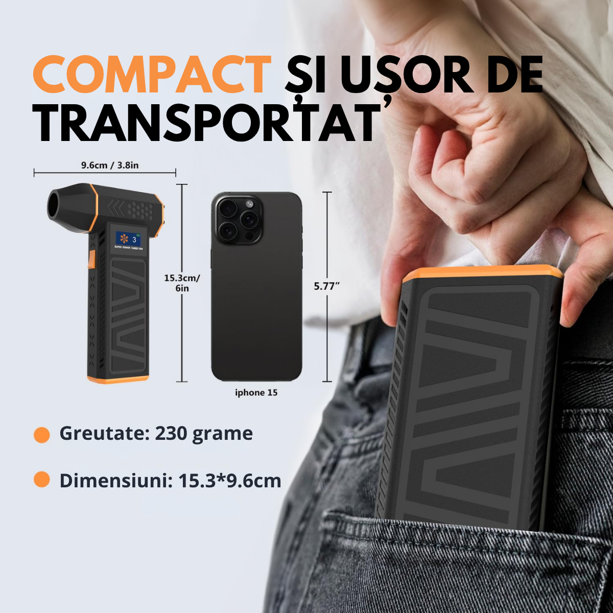 Suflanta Aer Turbo Multifunctionala, Portabila, Acumulator Reincarcabil 4000mAh, Viteza de Rotatie 130000 rpm, Negru-Portocaliu