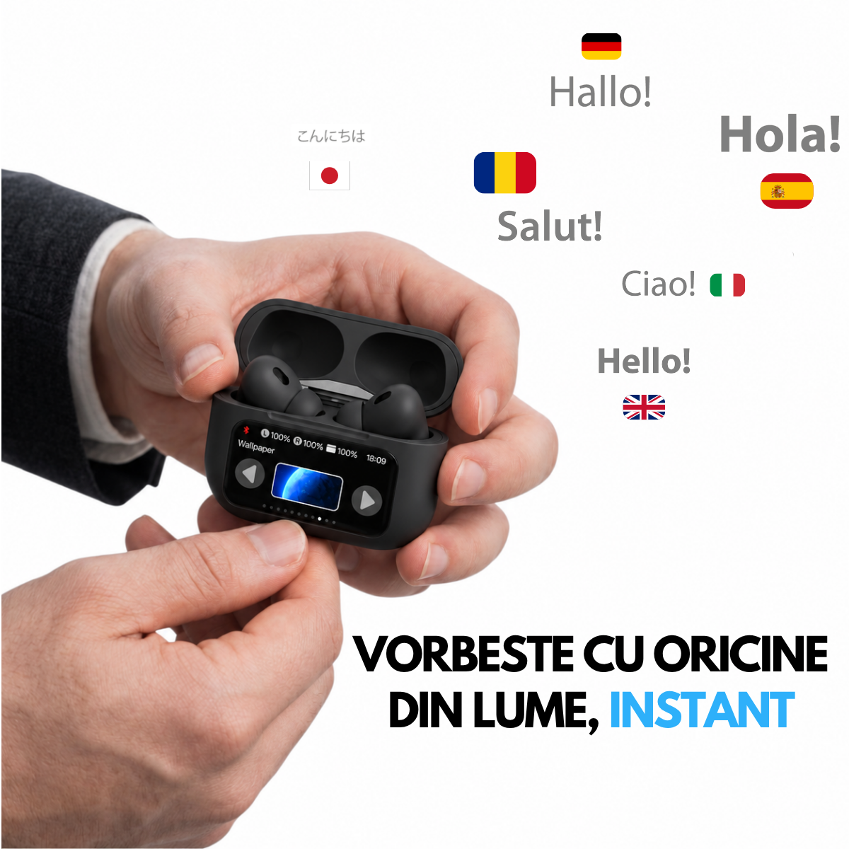 Casti cu Traducator A9 Pro, 151 Limbi Straine, Dialecte, Carcasa incarcare cu Touch Screen, Control tactil, A9pro, Negru, easyCTRL®