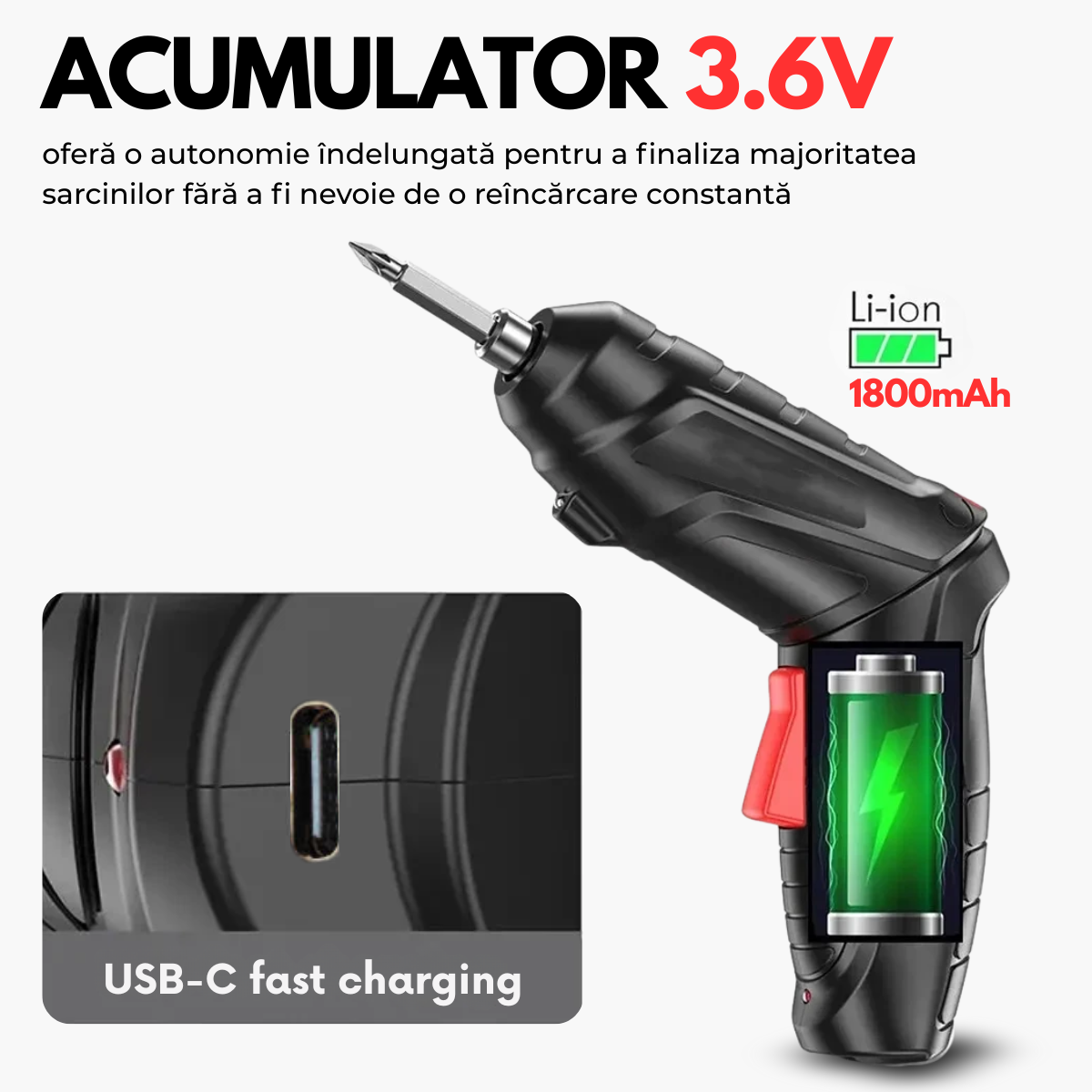 Surubelnita Electrica fara fir, Cutie cu 47 accesorii, Acumulator 3.6V 1800mAh, 250 RPM, Cuplu 3 Nm, Iluminare LED