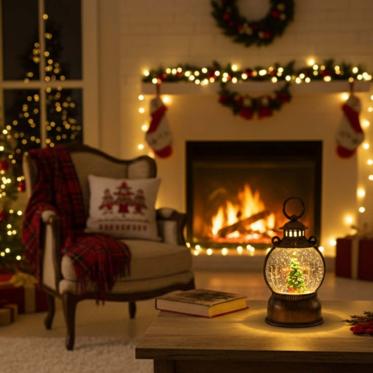 Felinar Decorativ Muzical, Brad de Craciun, Glob 12cm, Iluminare LED calda, Zapada in Miscare, Alimentare USB/Baterii