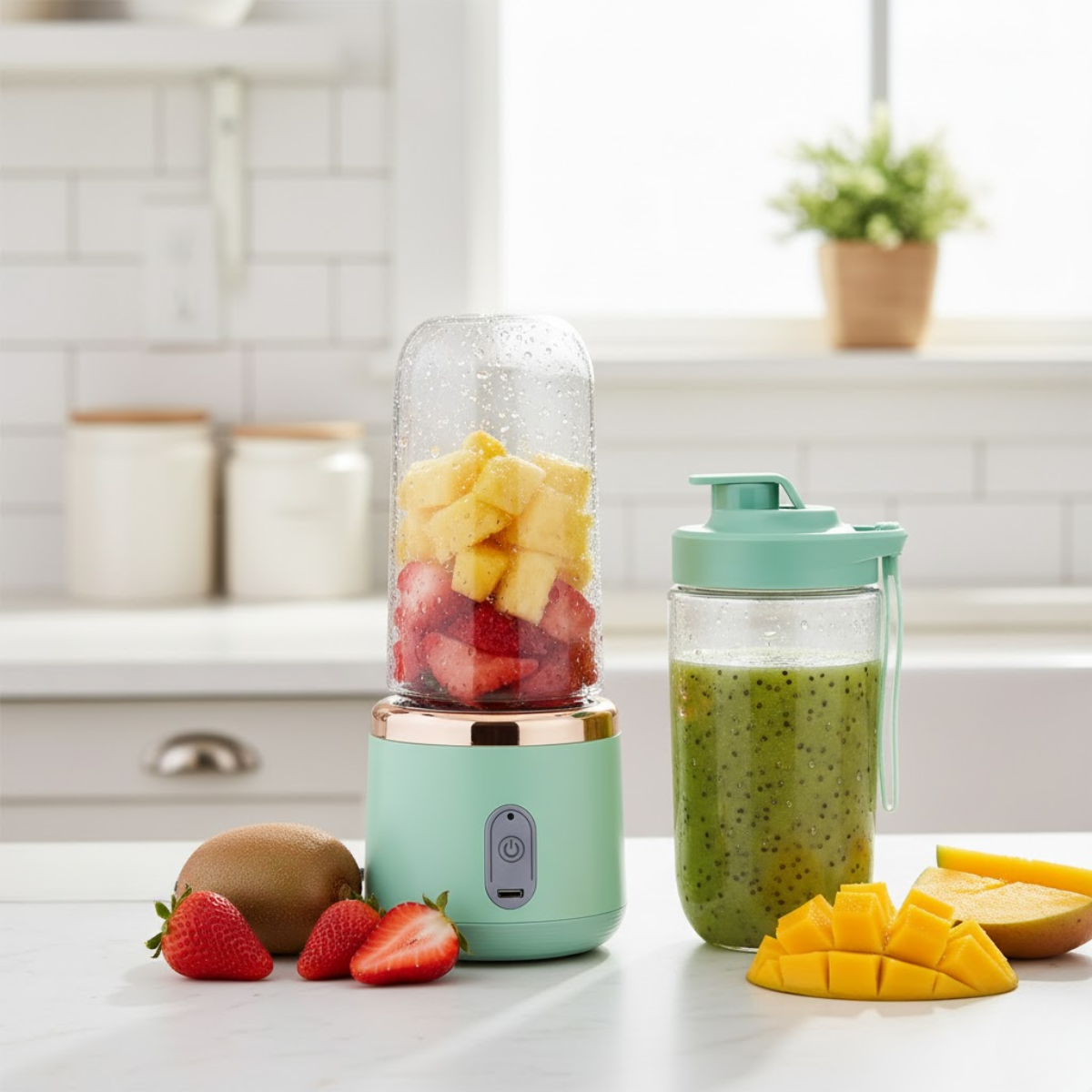 Mini Blender Portabil, 2 Recipiente, 400 ml, 6 Lame 3D, USB-C reincarcabil, 45W, Capac Inclus, Turcoaz, easyCTRL®