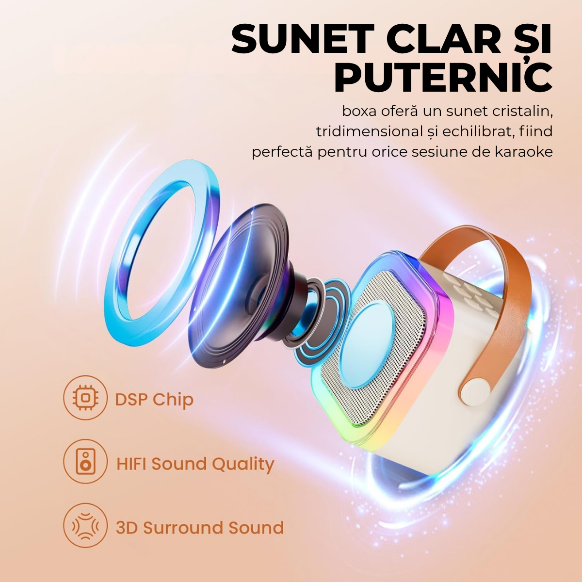 Set Karaoke cu Boxa Bluetooth si 2 Microfoane Wireless, Lumini LED RGB Dinamice, Incarcare Type-C, Port AUX, Slot Card TF, Crem, easyCTRL®