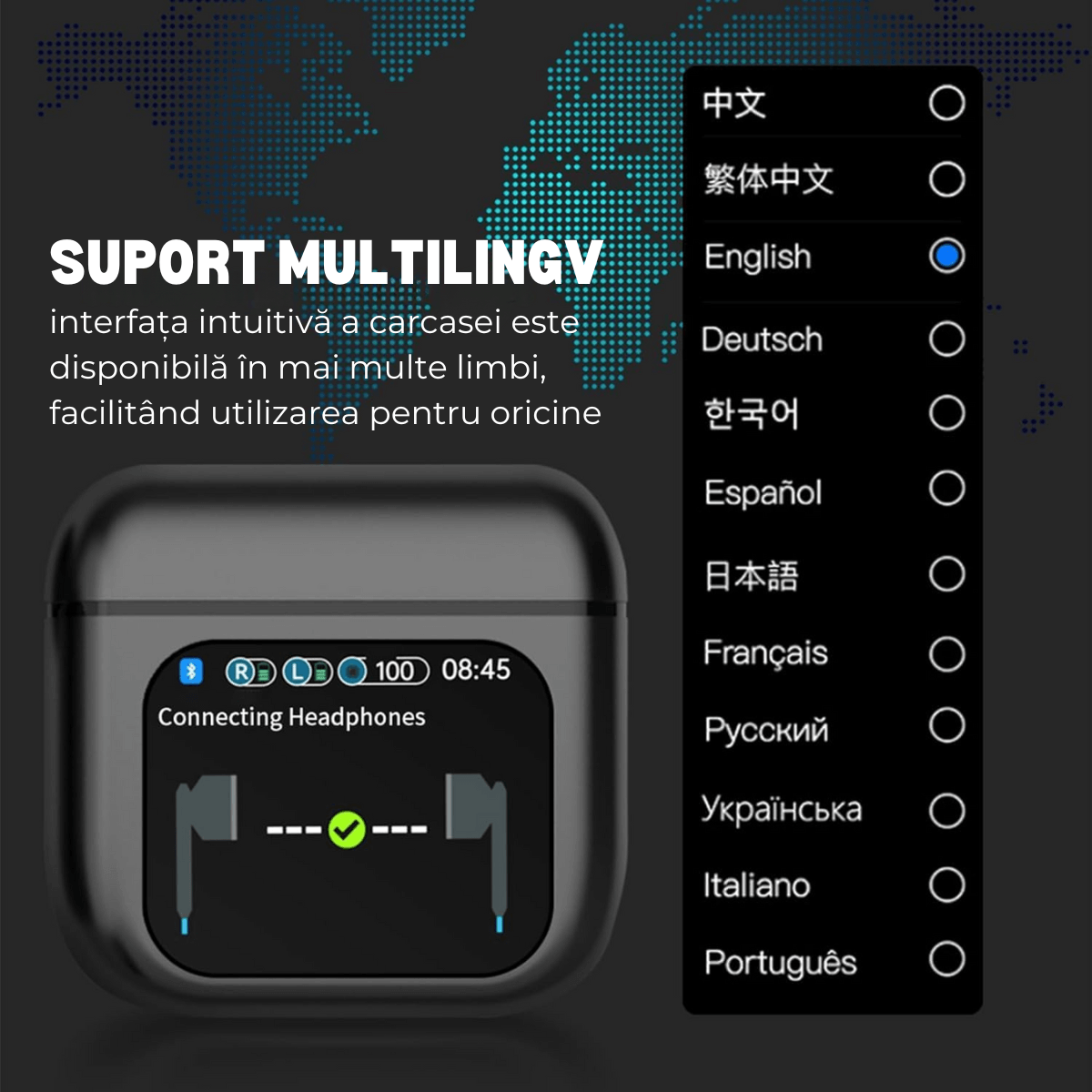Vezeték nélküli, fülbe helyezhető fejhallgató, érintőképernyős tok, Bluetooth 5.4, érintésvezérlés, zajszűrő ANC + ENC, easyCTRL®, fekete