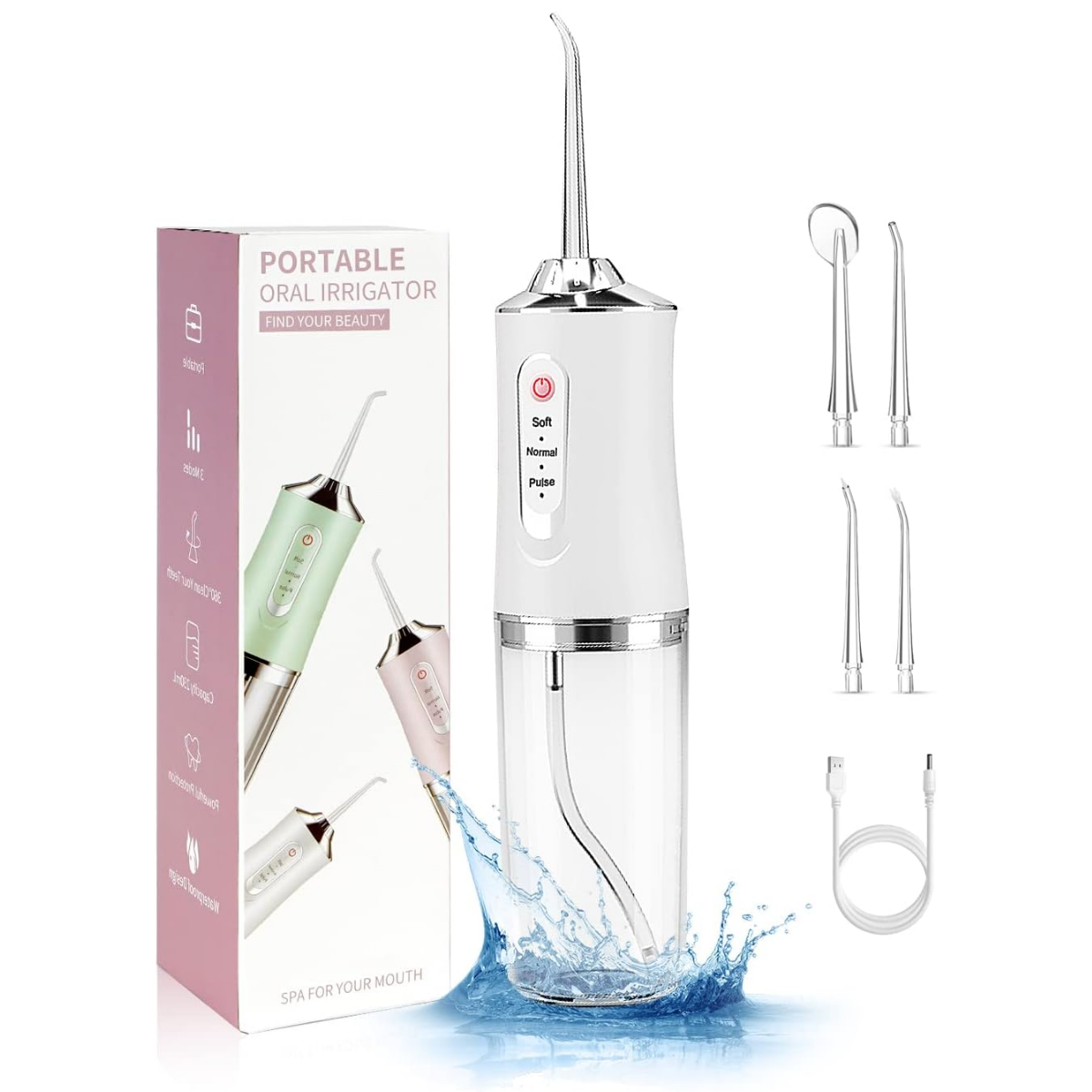 Irigator Oral Profesional, Dus Bucal Portabil, 4 Capete, 3 Moduri de Curatare, Rezervor 230ml, Alb