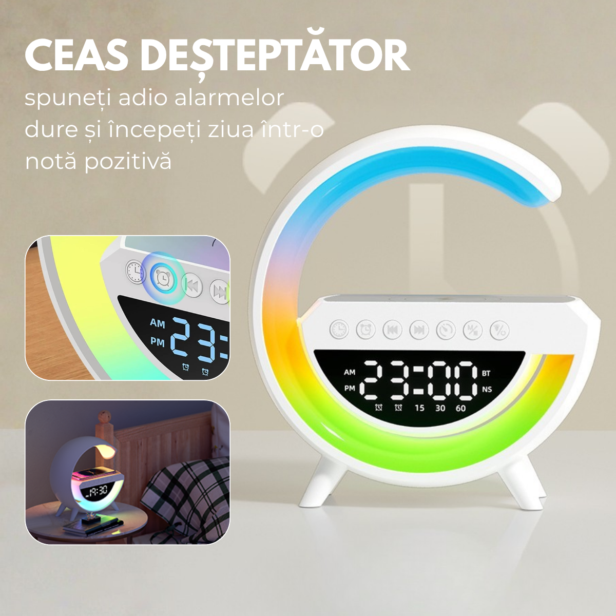 Lampa Inteligenta cu Lumini LED RGB, Incarcator Wireless 15W, Boxa Bluetooth, Radio FM, Ceas Digital, Alarma, Incarcare Type-C, Port AUX, Slot Card TF, Alb, easyCTRL®