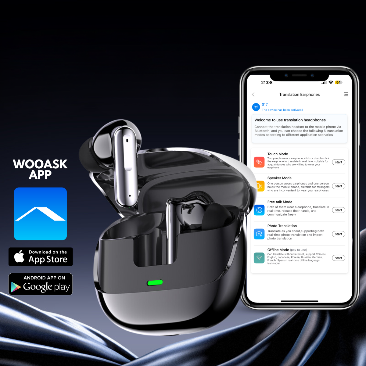 Casti cu Traducator pentru Conversatii in timp real, 144 Limbi, Traducere Foto, Bluetooth 5.4, Carcasa de incarcare