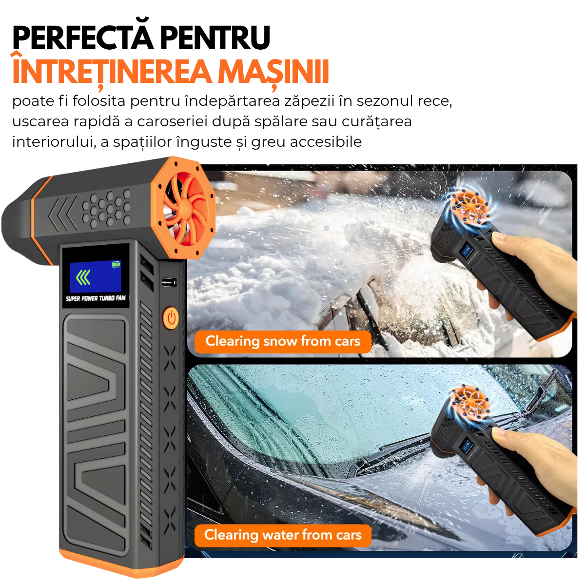 Suflanta Aer Turbo Multifunctionala, Portabila, Acumulator Reincarcabil 4000mAh, Viteza de Rotatie 130000 rpm, Negru-Portocaliu