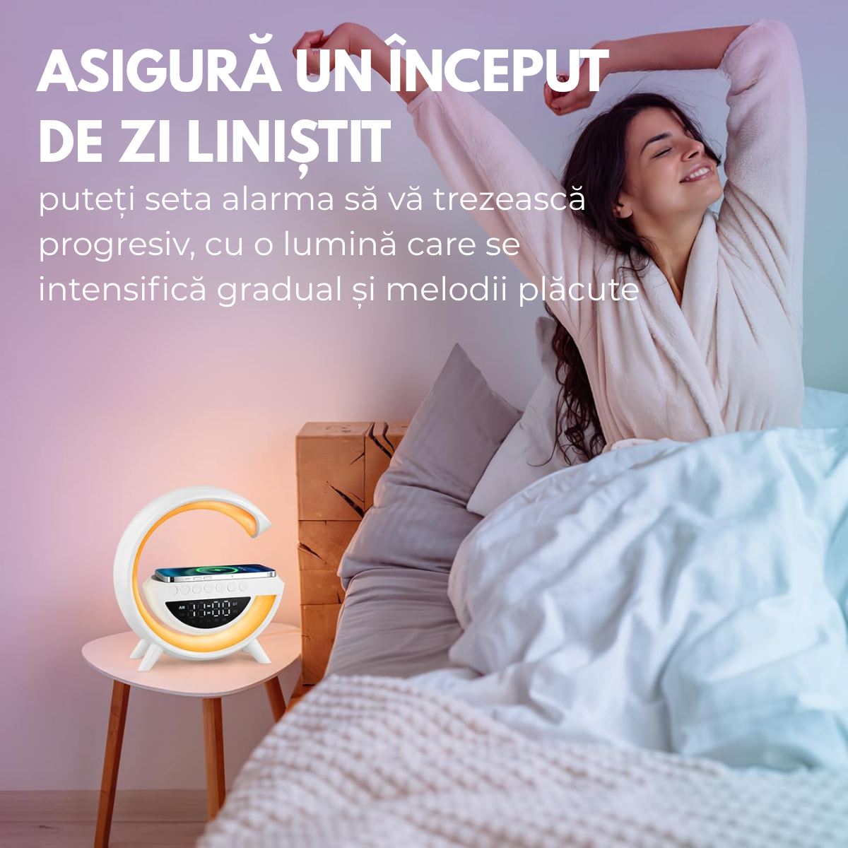 Lampa Inteligenta cu Lumini LED RGB, Incarcator Wireless 15W, Boxa Bluetooth, Radio FM, Ceas Digital, Alarma, Incarcare Type-C, Port AUX, Slot Card TF, Alb, easyCTRL®