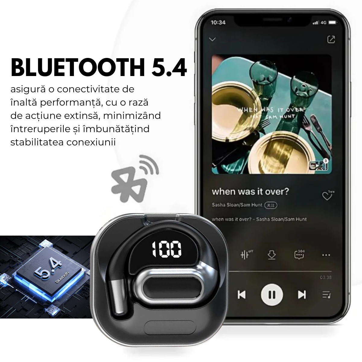 Fejhallgató fordítóval valós idejű beszélgetésekhez, nyitott fül, 144 nyelv, fényképfordítás, Bluetooth 5.4, érintésvezérlés, töltőtok, V80, fekete