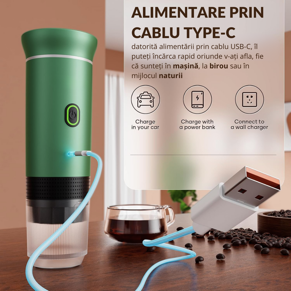 Espressor Portabil 3 in 1, Capsule Nespresso, Nescafe Dolce Gusto, Cafea macinata, 20 bar, 72W, Baterie 7500mAh, Geanta transport, Verde, easyCTRL®