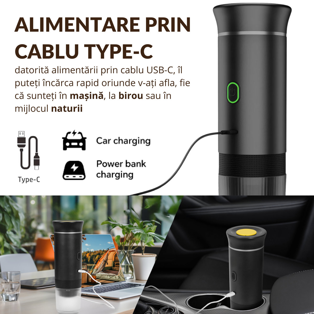 Espressor Portabil 3 in 1, Capsule Nespresso, Nescafe Dolce Gusto, Cafea macinata, 20 bar, 72W, Baterie 7500mAh,  easyCTRL®