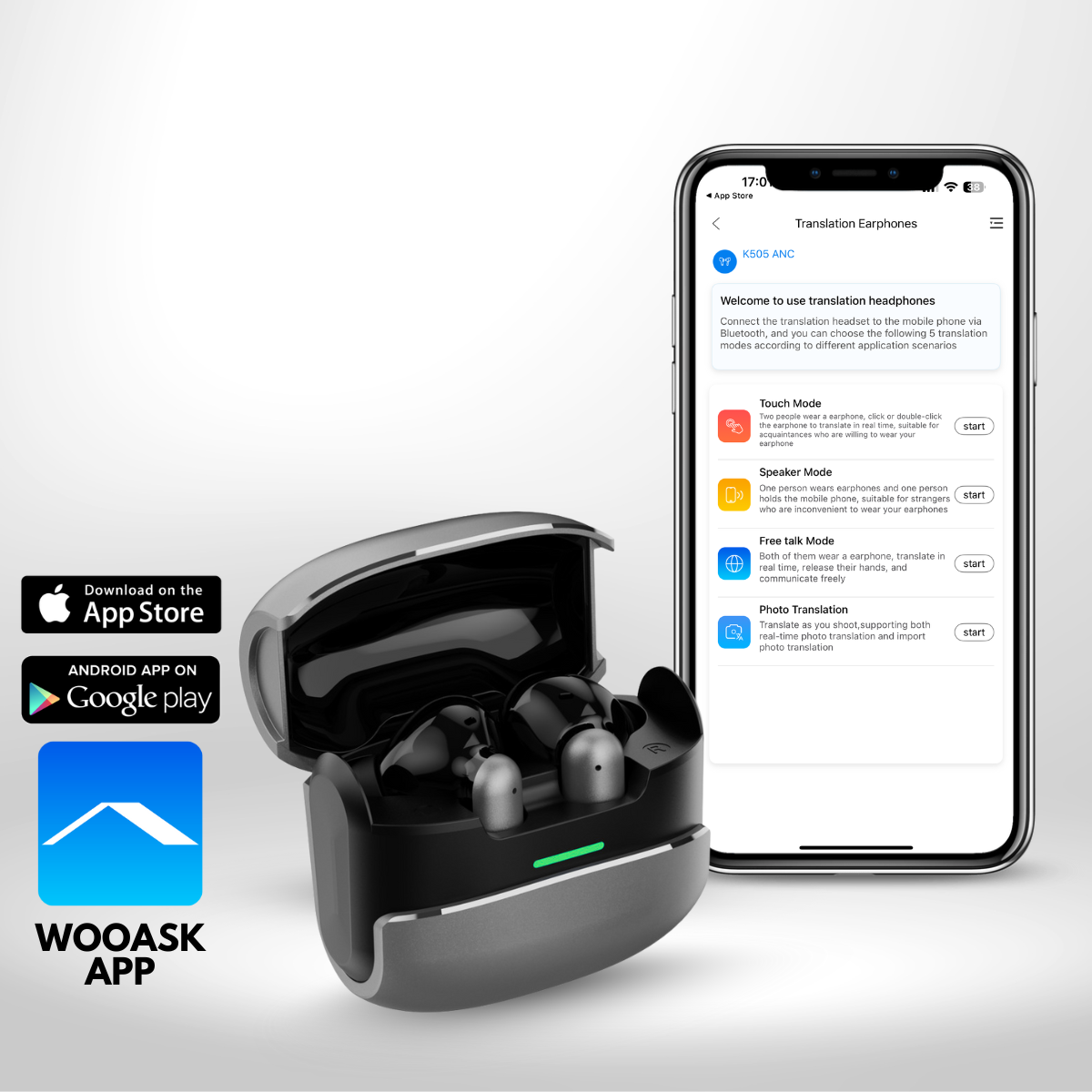 Casti cu Traducator pentru Conversatii in timp real, 144 Limbi, Metal, Traducere Foto, Bluetooth 5.4, Control tactil, Carcasa de incarcare, K505, easyCTRL®