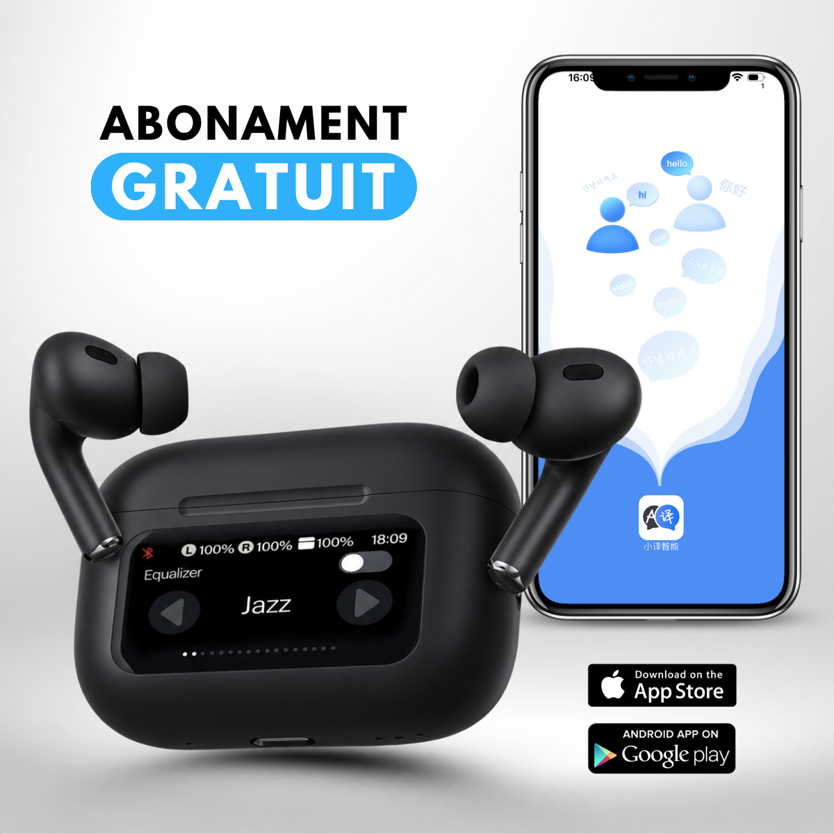Casti cu Traducator A9 Pro, 151 Limbi Straine, Dialecte, Carcasa incarcare cu Touch Screen, Control tactil, A9pro, Negru, easyCTRL®