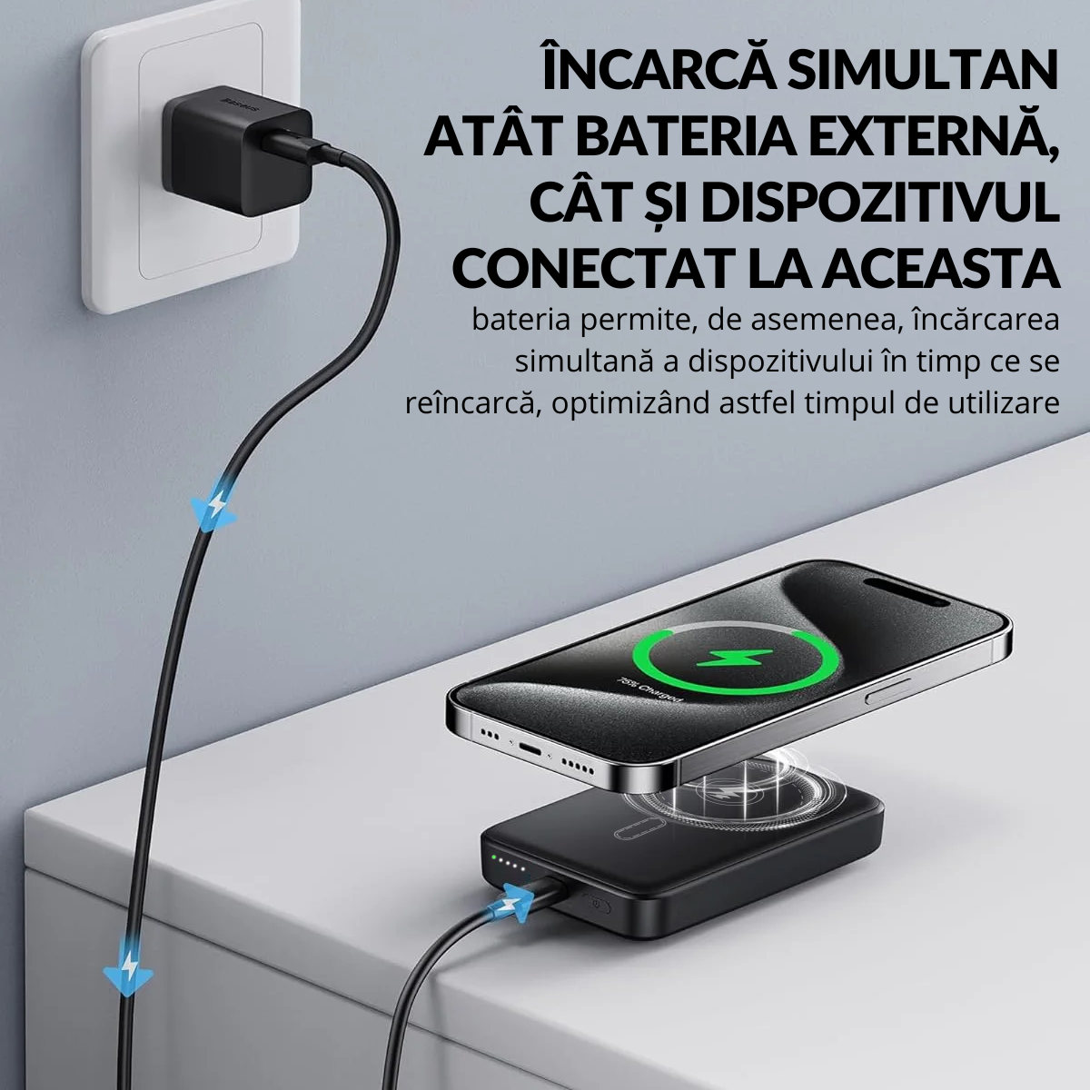 Baterie Externa Wireless, 10000mAh, Portabila, Compatibila Magsafe iPhone 16/15/14/13/12/Pro/Mini/Pro Max si Android, Incarcare Rapida Magnetica 15W, Prin Cablu Type-C 20W, easyCTRL®