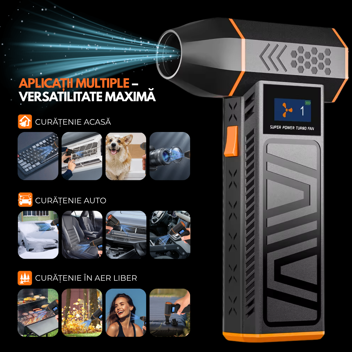 Suflanta Aer Turbo Multifunctionala, Portabila, Acumulator Reincarcabil 4000mAh, Viteza de Rotatie 130000 rpm, Negru-Portocaliu