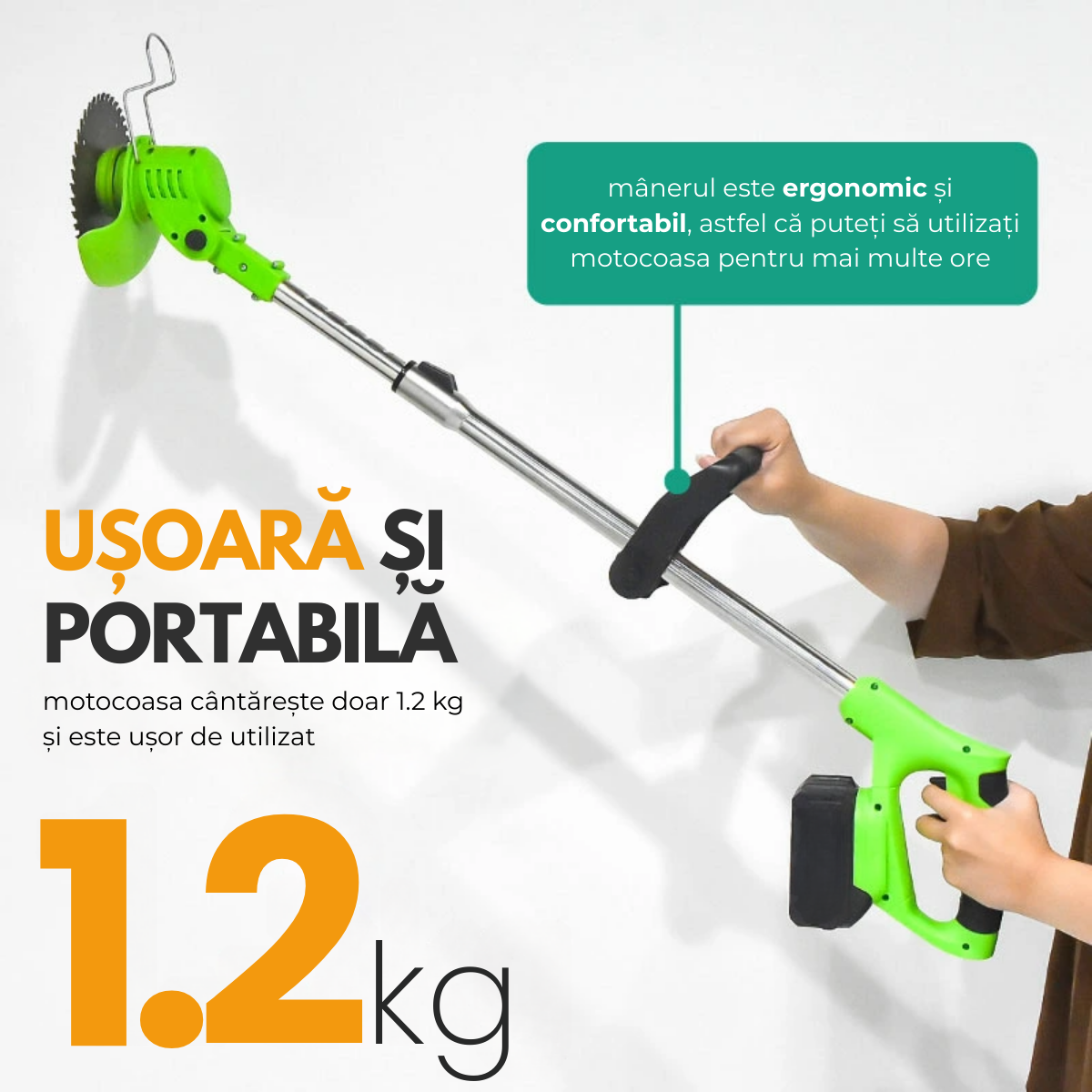 Motocoasa Electrica, Pentru Tuns Gazon, Iarba si Buruieni, 2 Acumulatori, 3 Tipuri de Lame, Extensibila, 18000 RPM