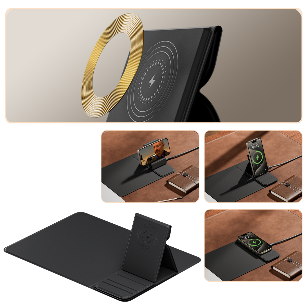 Mousepad cu Incarcator Wireless Pliabil, 2 in 1, 15W, Magsafe, Compatibil iPhone, Samsung, Huawei, Xiaomi, USB-C, Negru