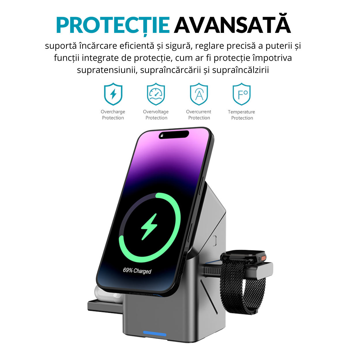 Behúzható vezeték nélküli töltő, 45°-ban elforgatható, 3 az 1-ben töltőállomás, Magsafe, kompatibilis a következőkkel: iPhone, Samsung, Huawei, Xiaomi, Apple Watch, AirPods, USB-C, mágneses, szürke, easyCTRL®