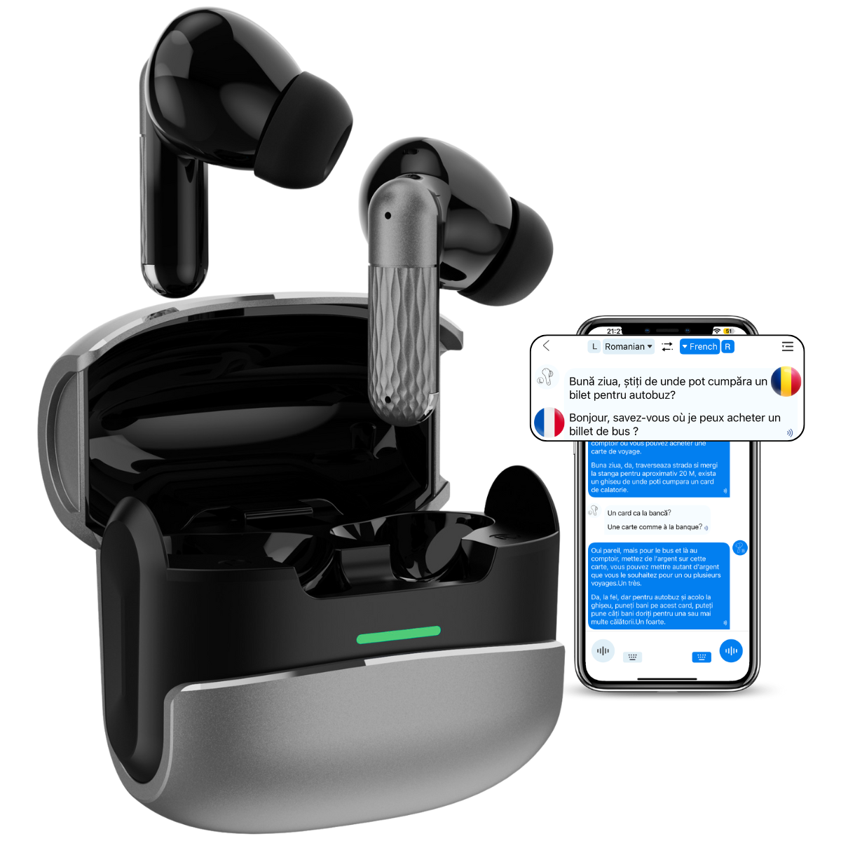 Casti cu Traducator pentru Conversatii in timp real, 144 Limbi, Metal, Traducere Foto, Bluetooth 5.4, Control tactil, Carcasa de incarcare, K505, easyCTRL®