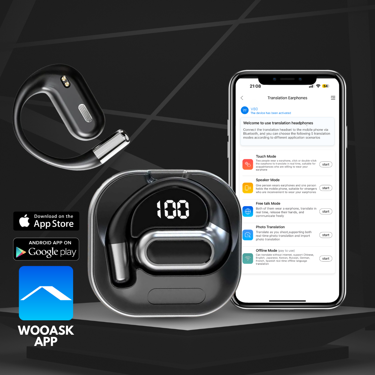 Fejhallgató fordítóval valós idejű beszélgetésekhez, nyitott fül, 144 nyelv, fényképfordítás, Bluetooth 5.4, érintésvezérlés, töltőtok, V80, fekete