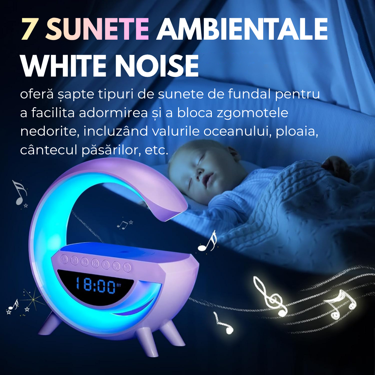 Lampa Inteligenta cu Lumini LED RGB, Incarcator Wireless 15W, Boxa Bluetooth, Radio FM, Ceas Digital, Alarma, Incarcare Type-C, Port AUX, Slot Card TF, Alb, easyCTRL®