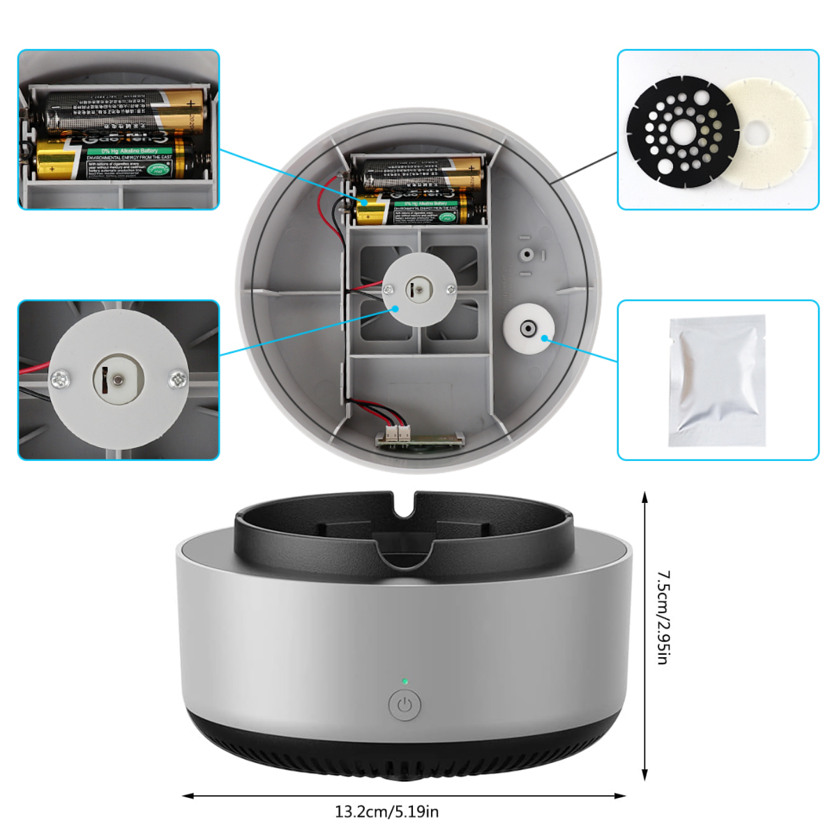 Scrumiera Electrica Multifunctionala 3-in-1, Aspirare Fum 360°, Purificare Aer, Tableta Odorizanta, Oprire Automata, Alimentare pe Baterii, easyCTRL®
