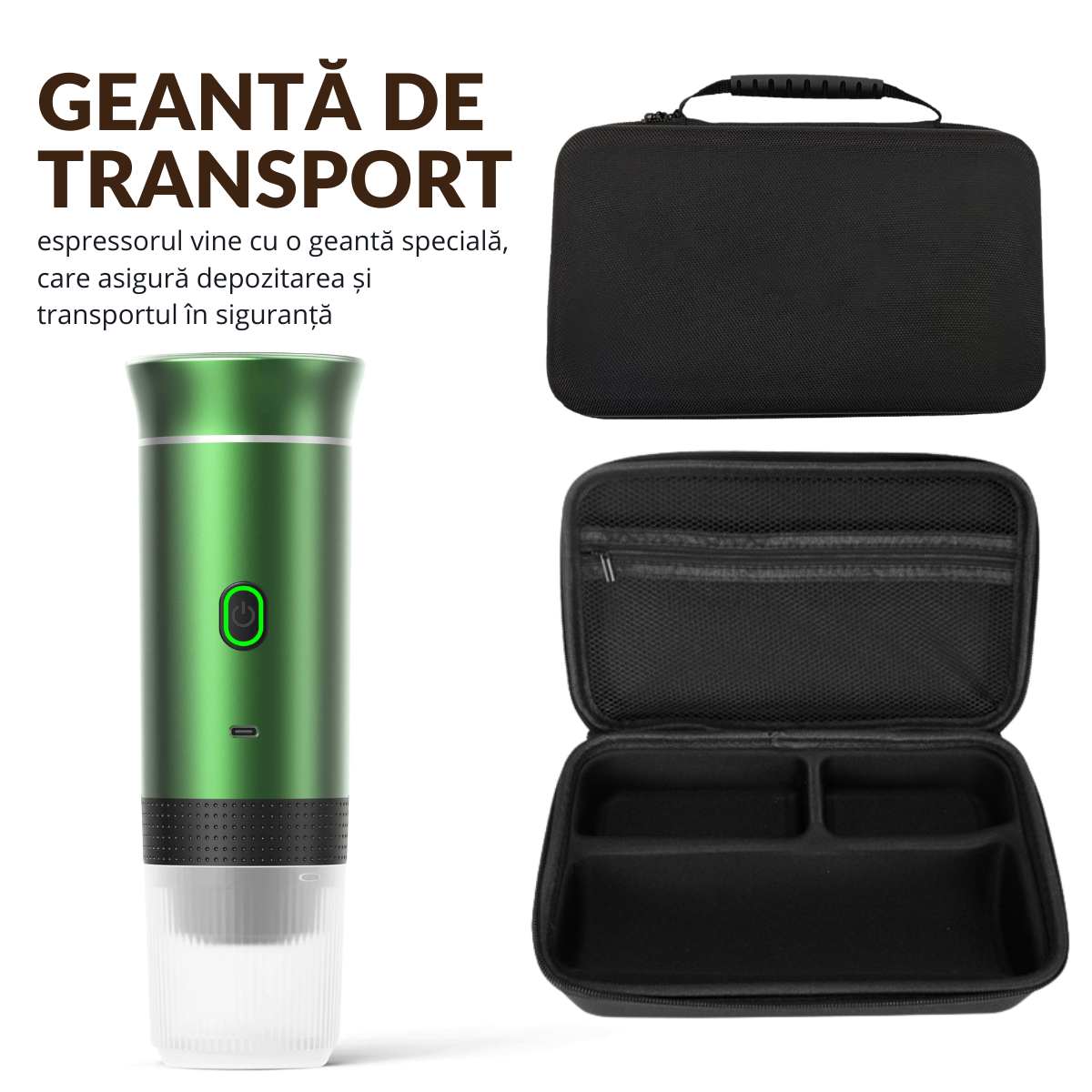 Espressor Portabil 3 in 1, Capsule Nespresso, Nescafe Dolce Gusto, Cafea macinata, 20 bar, 72W, Baterie 7500mAh, Geanta transport, Verde, easyCTRL®
