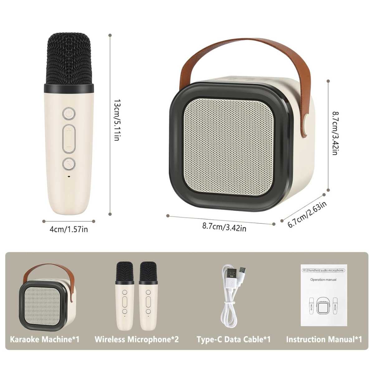 Set Karaoke cu Boxa Bluetooth si 2 Microfoane Wireless, Lumini LED RGB Dinamice, Incarcare Type-C, Port AUX, Slot Card TF, Crem, easyCTRL®