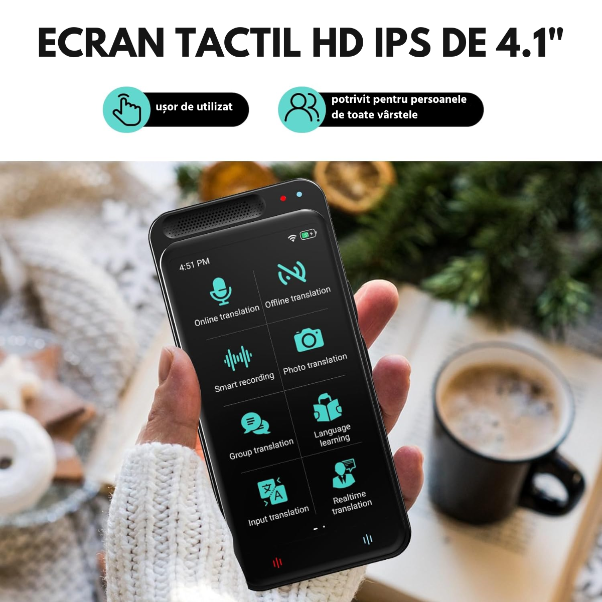 Traducator Inteligent M3 Pro, Asistent AI, Bluetooth, 139+ Limbi, Traducere Vocala, Traducere Foto, Traducere Inregistrari, Ecran tactil 4.1 inch, Schimb Valutar, 8GB, easyCTRL®