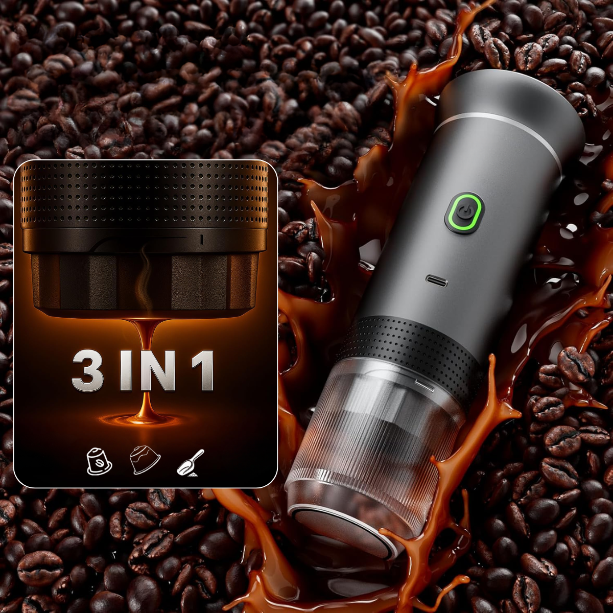 Espressor Portabil 3 in 1, Capsule Nespresso, Nescafe Dolce Gusto, Cafea macinata, 20 bar, 72W, Baterie 7500mAh, Argintiu, easyCTRL®