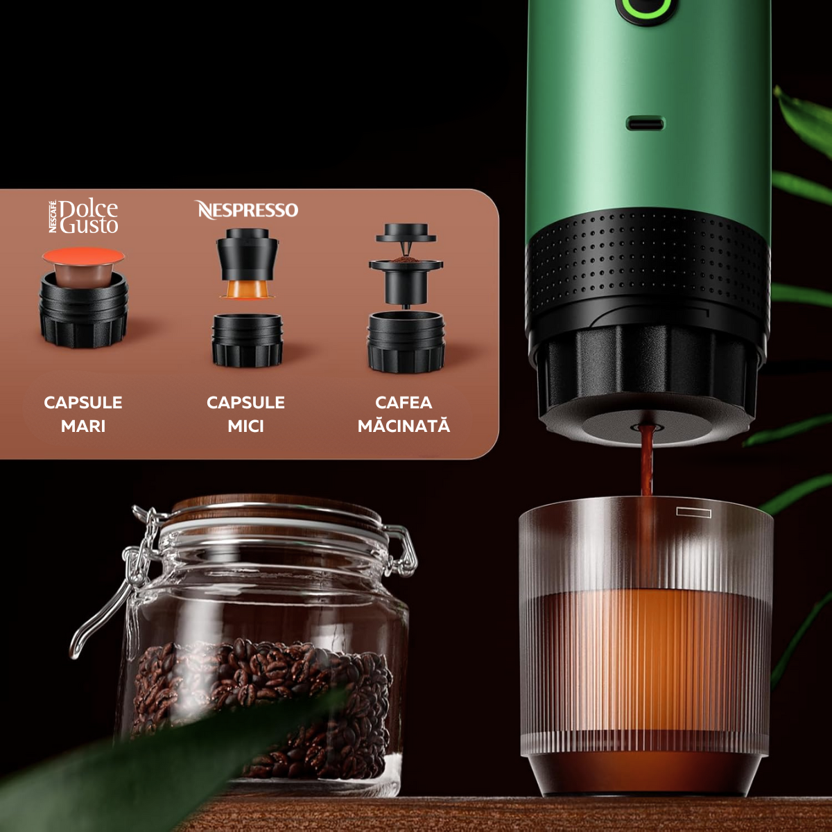 Espressor Portabil 3 in 1, Capsule Nespresso, Nescafe Dolce Gusto, Cafea macinata, 20 bar, 72W, Baterie 7500mAh, Geanta transport, Verde, easyCTRL®