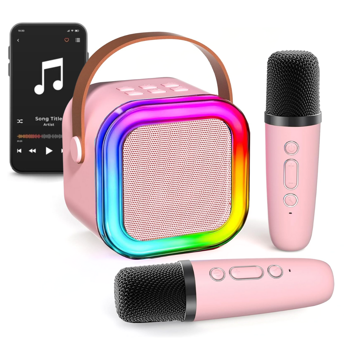 Set Karaoke cu Boxa Bluetooth si 2 Microfoane Wireless, Lumini LED RGB Dinamice, Incarcare Type-C, Port AUX, Slot Card TF, Roz, easyCTRL®