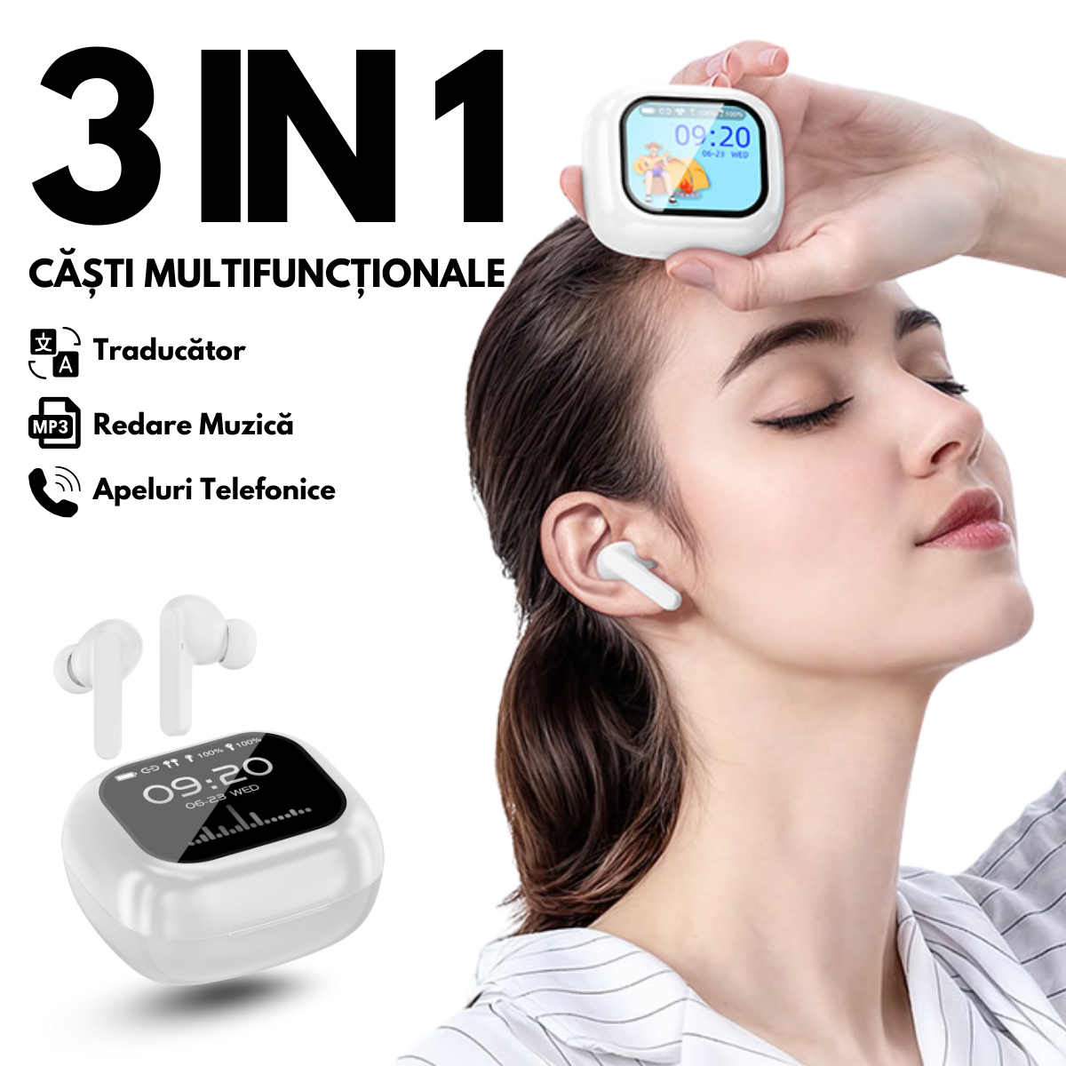 Casti cu Traducator pentru Conversatii in timp real, 144 Limbi, Traducere Foto, Carcasa incarcare cu Touch Screen, Bluetooth 5.4, Control tactil, T7, Alb, easyCTRL®