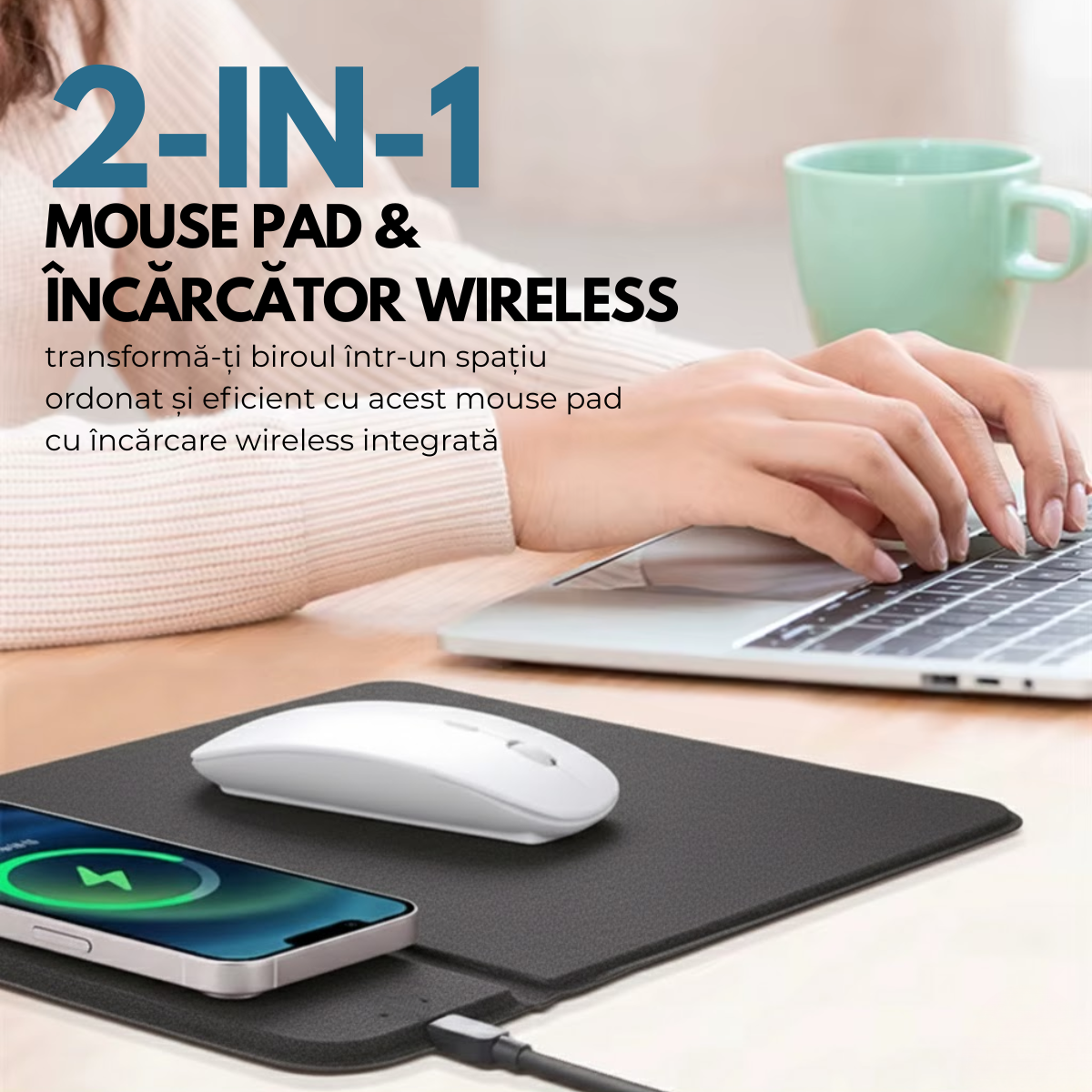 Mousepad cu Incarcator Wireless Pliabil, 2 in 1, 15W, Magsafe, Compatibil iPhone, Samsung, Huawei, Xiaomi, USB-C, Negru