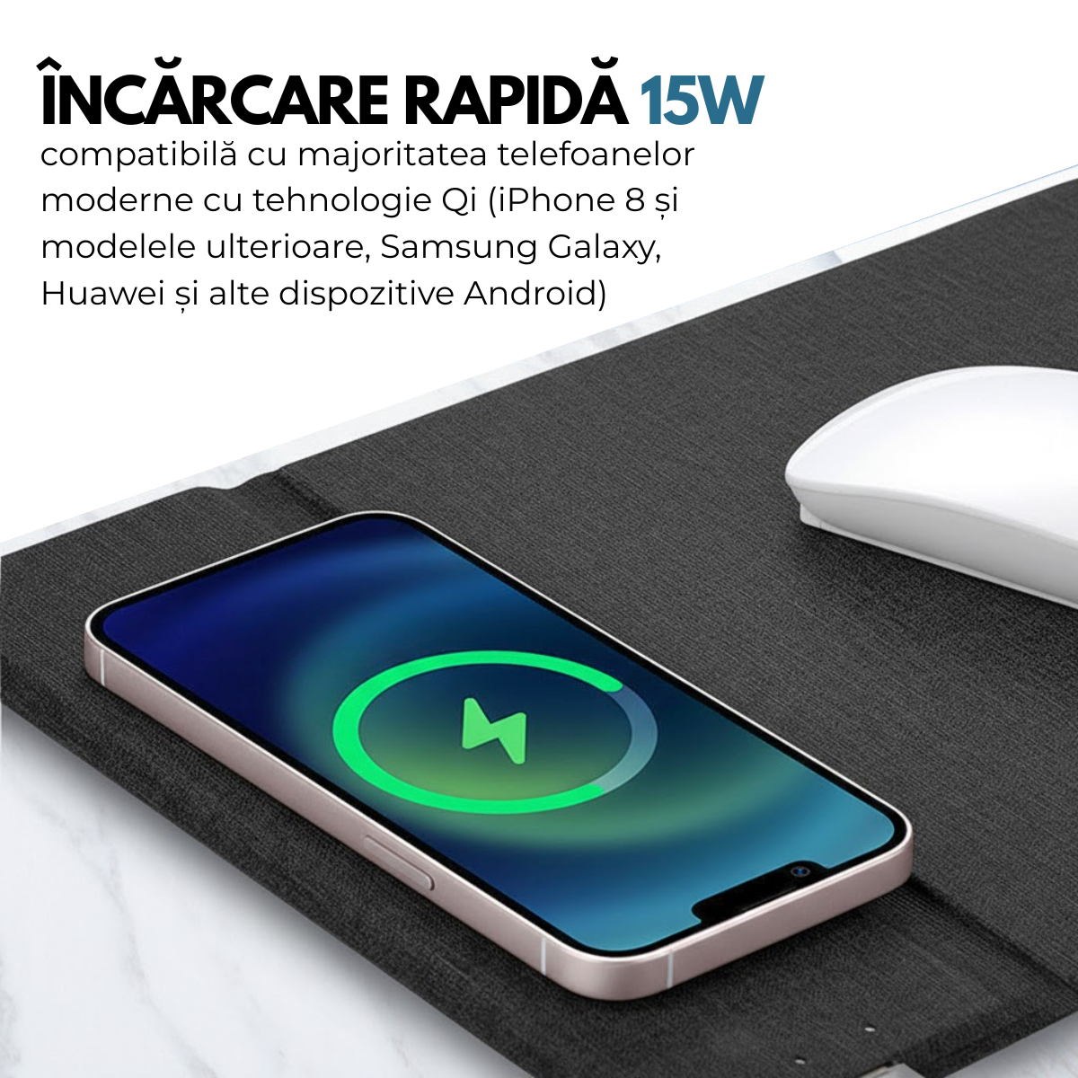 Mousepad cu Incarcator Wireless Pliabil, 2 in 1, 15W, Magsafe, Compatibil iPhone, Samsung, Huawei, Xiaomi, USB-C, Negru