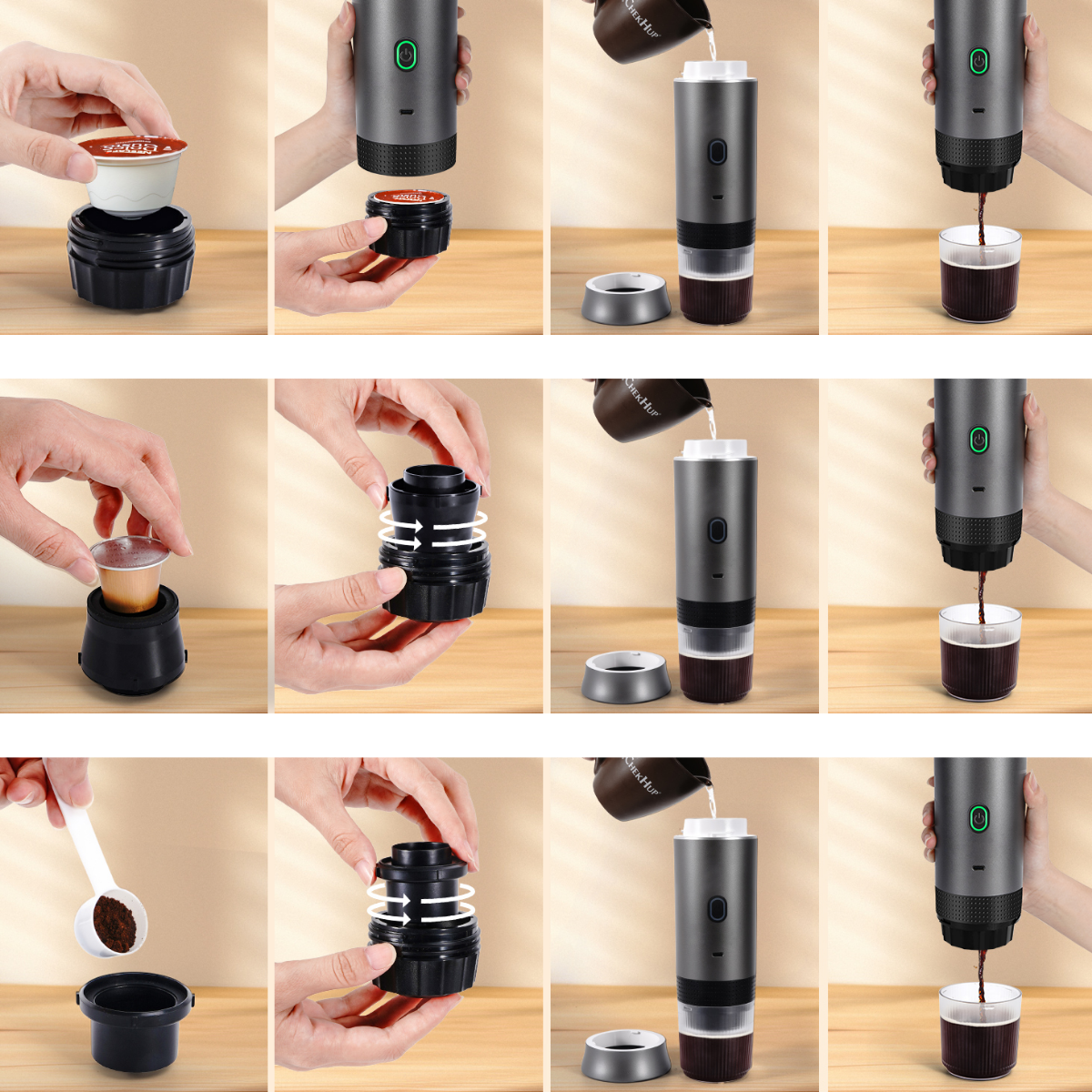 Espressor Portabil 3 in 1, Capsule Nespresso, Nescafe Dolce Gusto, Cafea macinata, 20 bar, 72W, Baterie 7500mAh,  easyCTRL®
