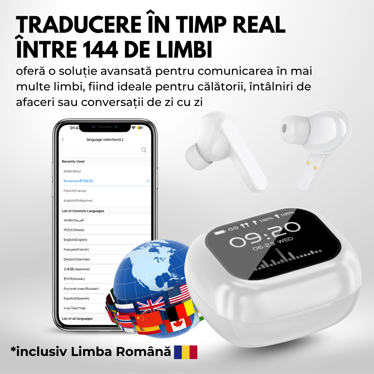 Casti cu Traducator pentru Conversatii in timp real, 144 Limbi, Traducere Foto, Carcasa incarcare cu Touch Screen, Bluetooth 5.4, Control tactil, T7, Alb, easyCTRL®