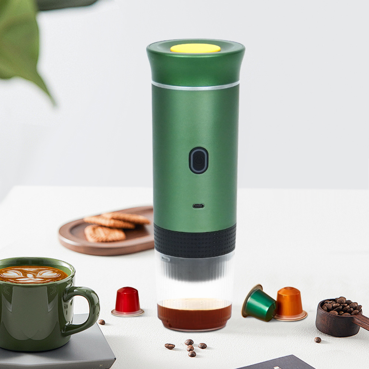Espressor Portabil 3 in 1, Capsule Nespresso, Nescafe Dolce Gusto, Cafea macinata, 20 bar, 72W, Baterie 7500mAh, Geanta transport, Verde, easyCTRL®