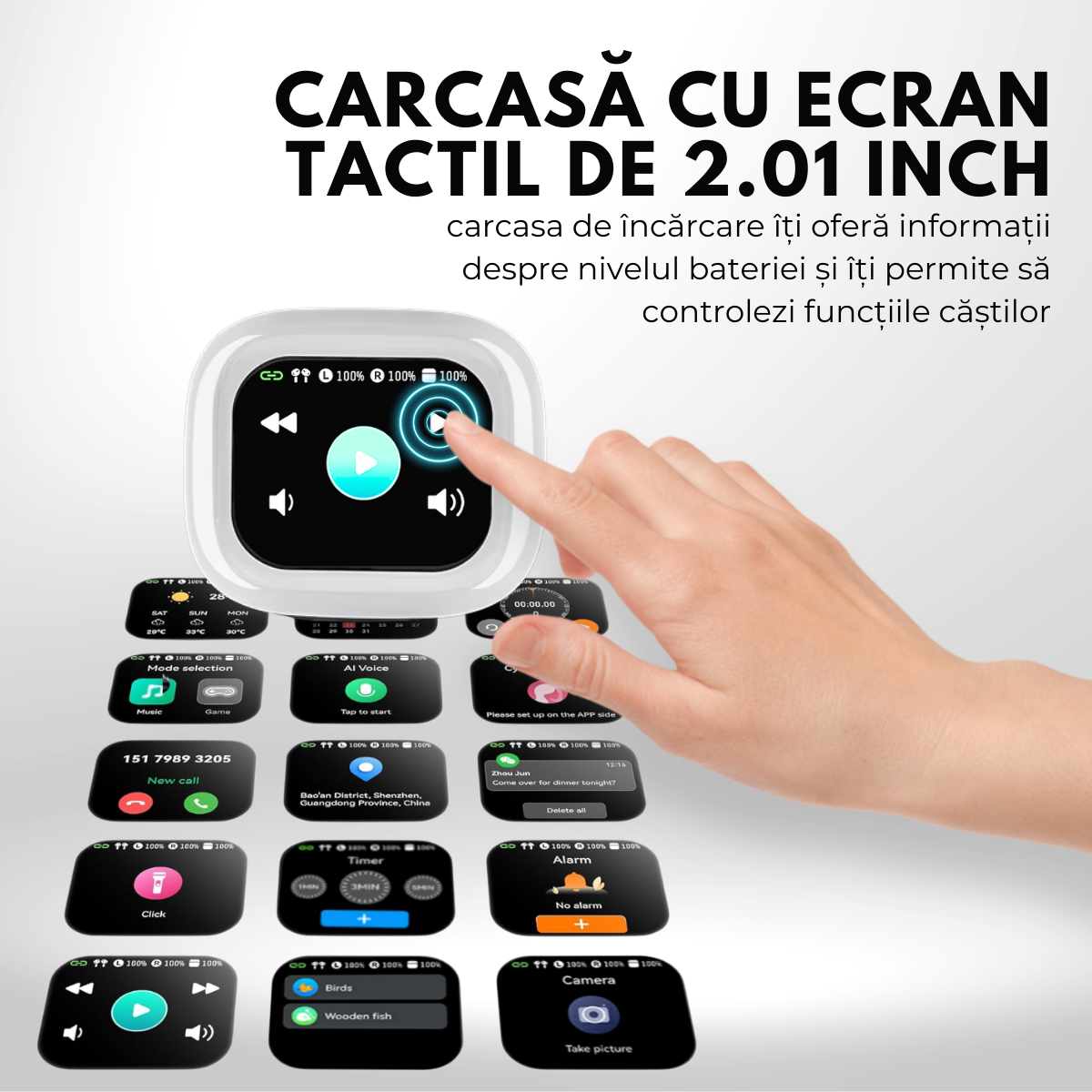 Casti cu Traducator pentru Conversatii in timp real, 144 Limbi, Traducere Foto, Carcasa incarcare cu Touch Screen, Bluetooth 5.4, Control tactil, T7, Alb, easyCTRL®