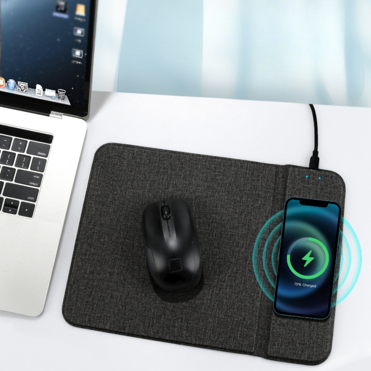 Mousepad cu Incarcator Wireless Pliabil, 2 in 1, 15W, Magsafe, Compatibil iPhone, Samsung, Huawei, Xiaomi, USB-C, Negru