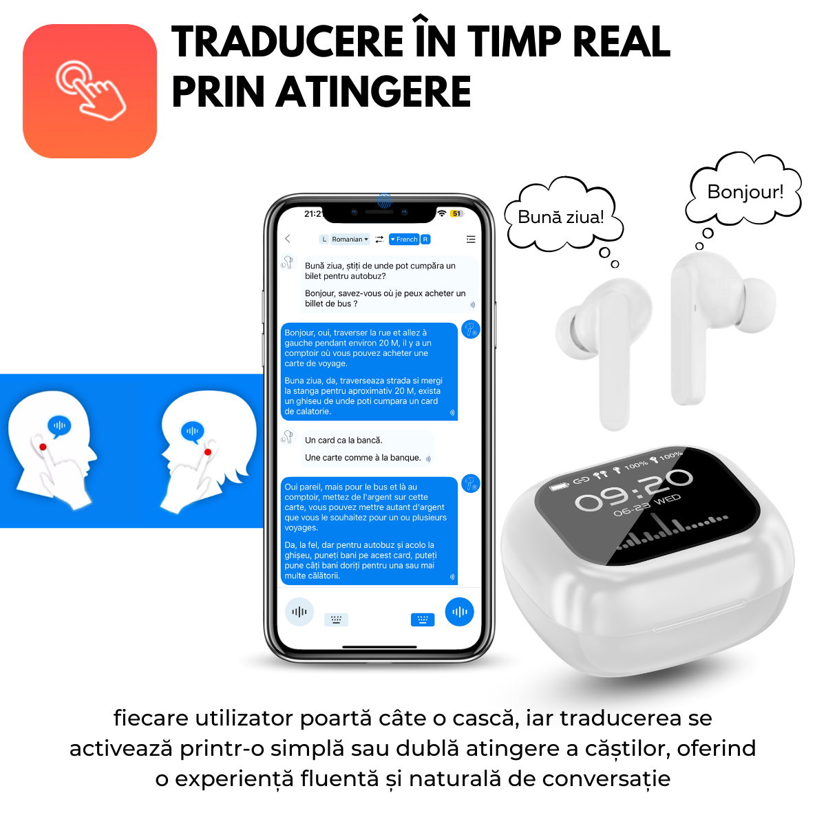 Casti cu Traducator pentru Conversatii in timp real, 144 Limbi, Traducere Foto, Carcasa incarcare cu Touch Screen, Bluetooth 5.4, Control tactil, T7, Alb, easyCTRL®