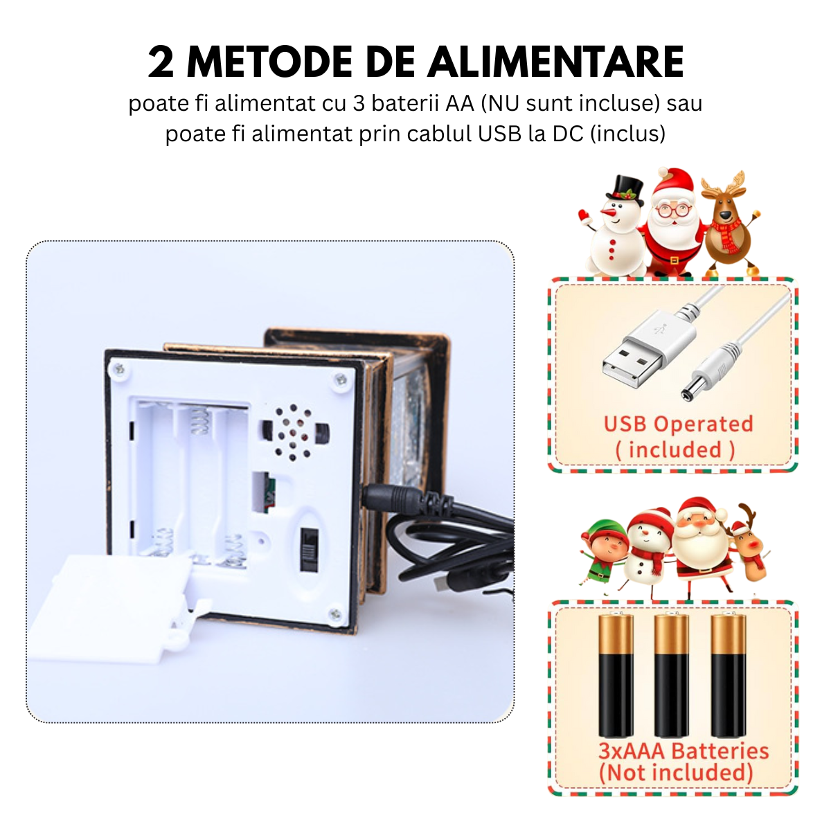 Felinar Decorativ Muzical, Brad de Craciun, Iluminare LED calda, Zapada in Miscare, Alimentare USB/Baterii