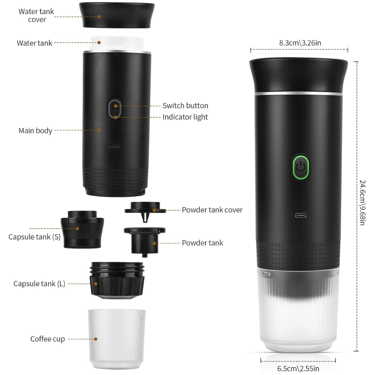 Espressor Portabil 3 in 1, Capsule Nespresso, Nescafe Dolce Gusto, Cafea macinata, 20 bar, 72W, Baterie 7500mAh,  easyCTRL®