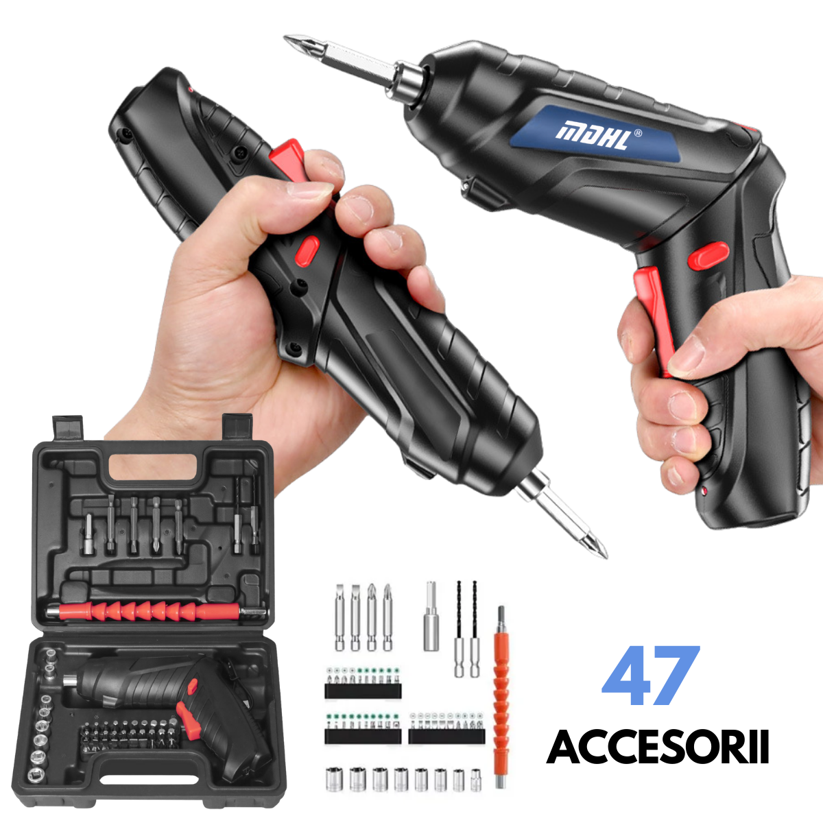 Surubelnita Electrica fara fir, Cutie cu 47 accesorii, Acumulator 3.6V 1800mAh, 250 RPM, Cuplu 3 Nm, Iluminare LED
