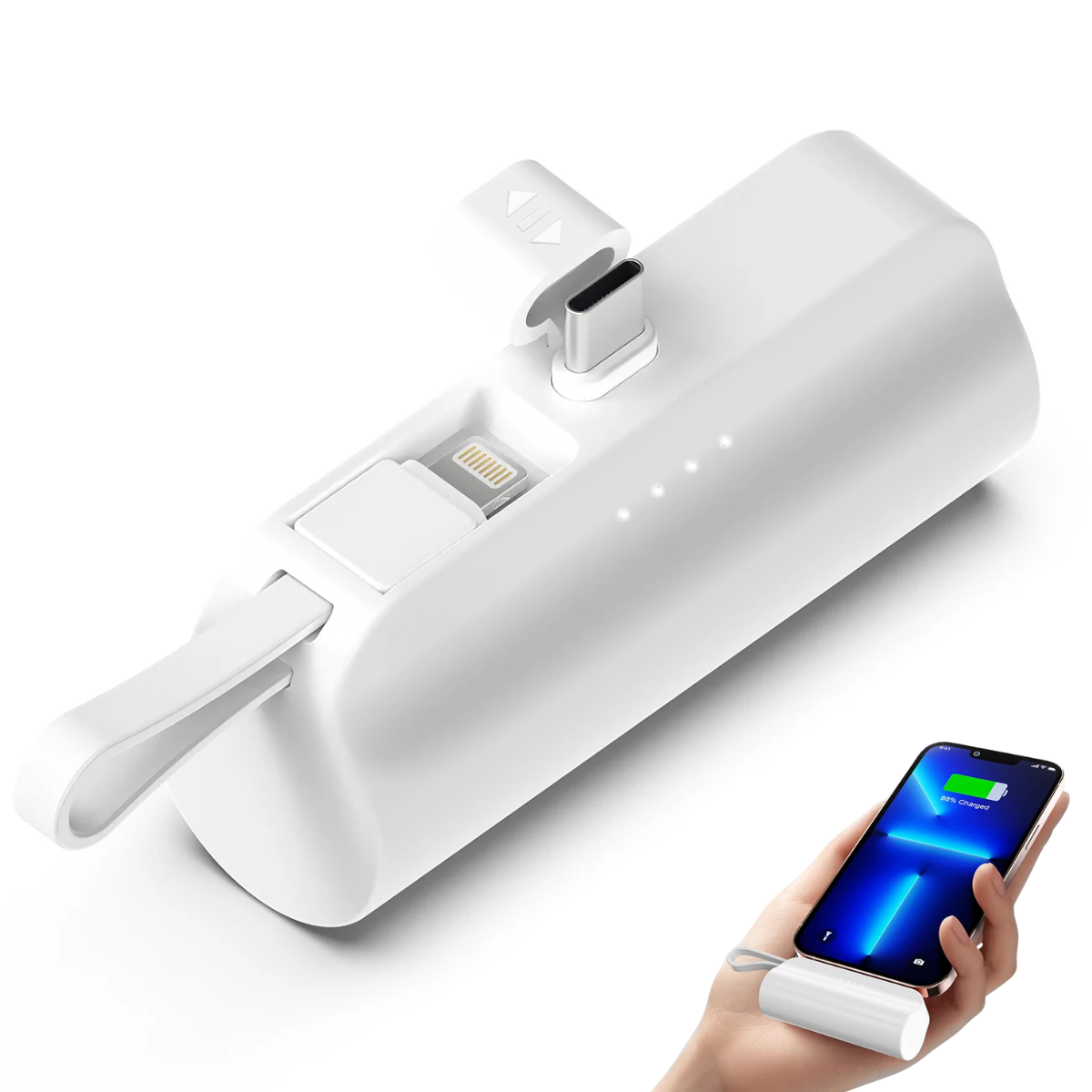 Mini Baterie Externa Portabila 2 in 1, 5000mAh, Conector USB-C si Cablu Lightning, Universala, Suport pliabil, V10, Alb, easyCTRL®
