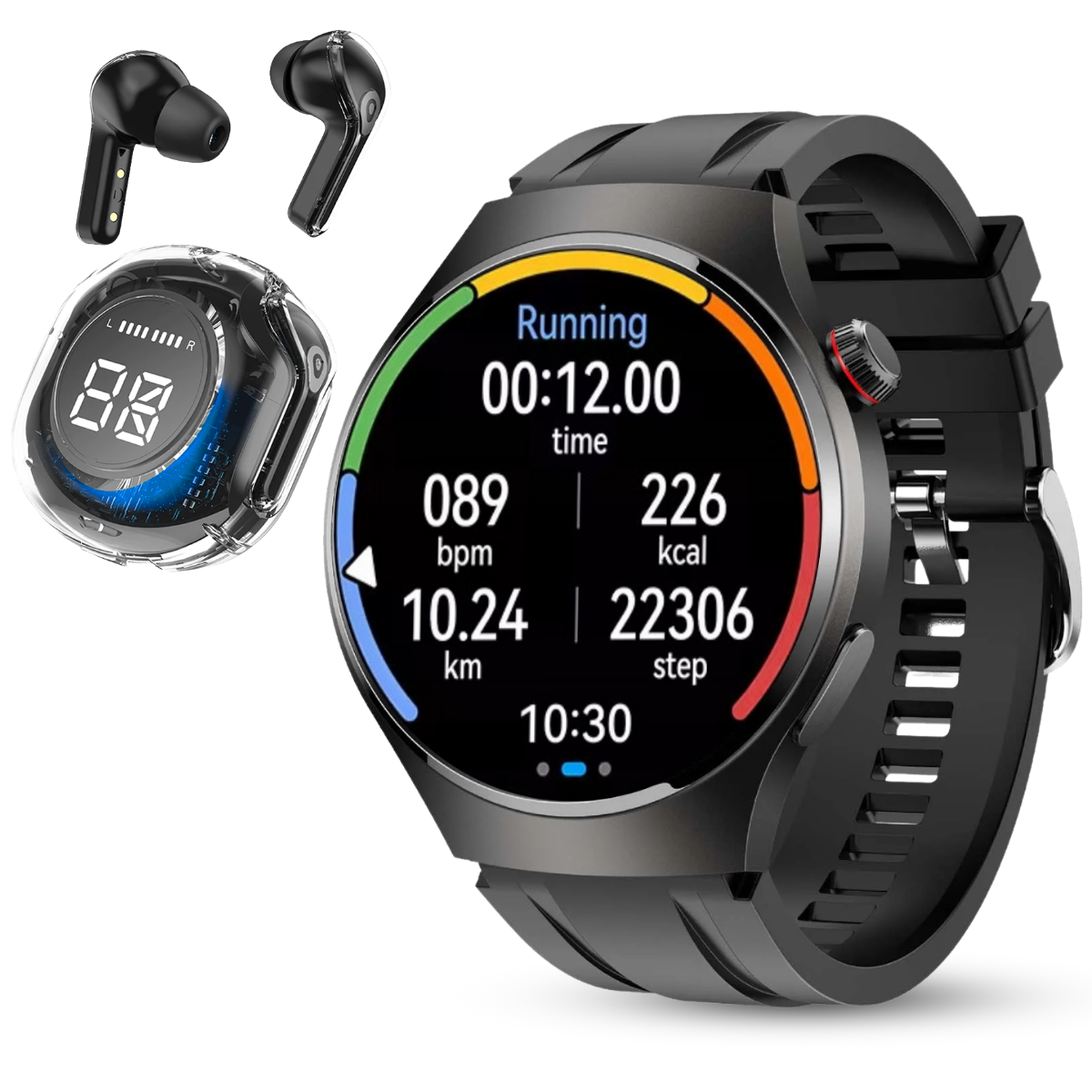 Set Smartwatch Barbati + Casti Wireless, Ecran LCD 1.52", Control Tactil, Apel Bluetooth, Multi Sport, Monitorizare Sanatate, Negru, easyCTRL®
