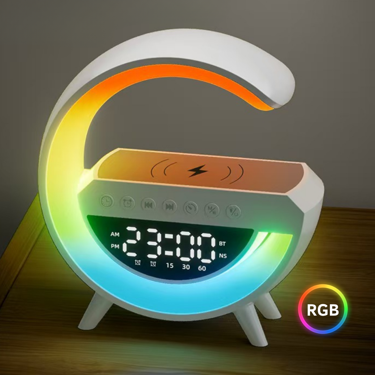 Lampa Inteligenta cu Lumini LED RGB, Incarcator Wireless 15W, Boxa Bluetooth, Radio FM, Ceas Digital, Alarma, Incarcare Type-C, Port AUX, Slot Card TF, Alb, easyCTRL®
