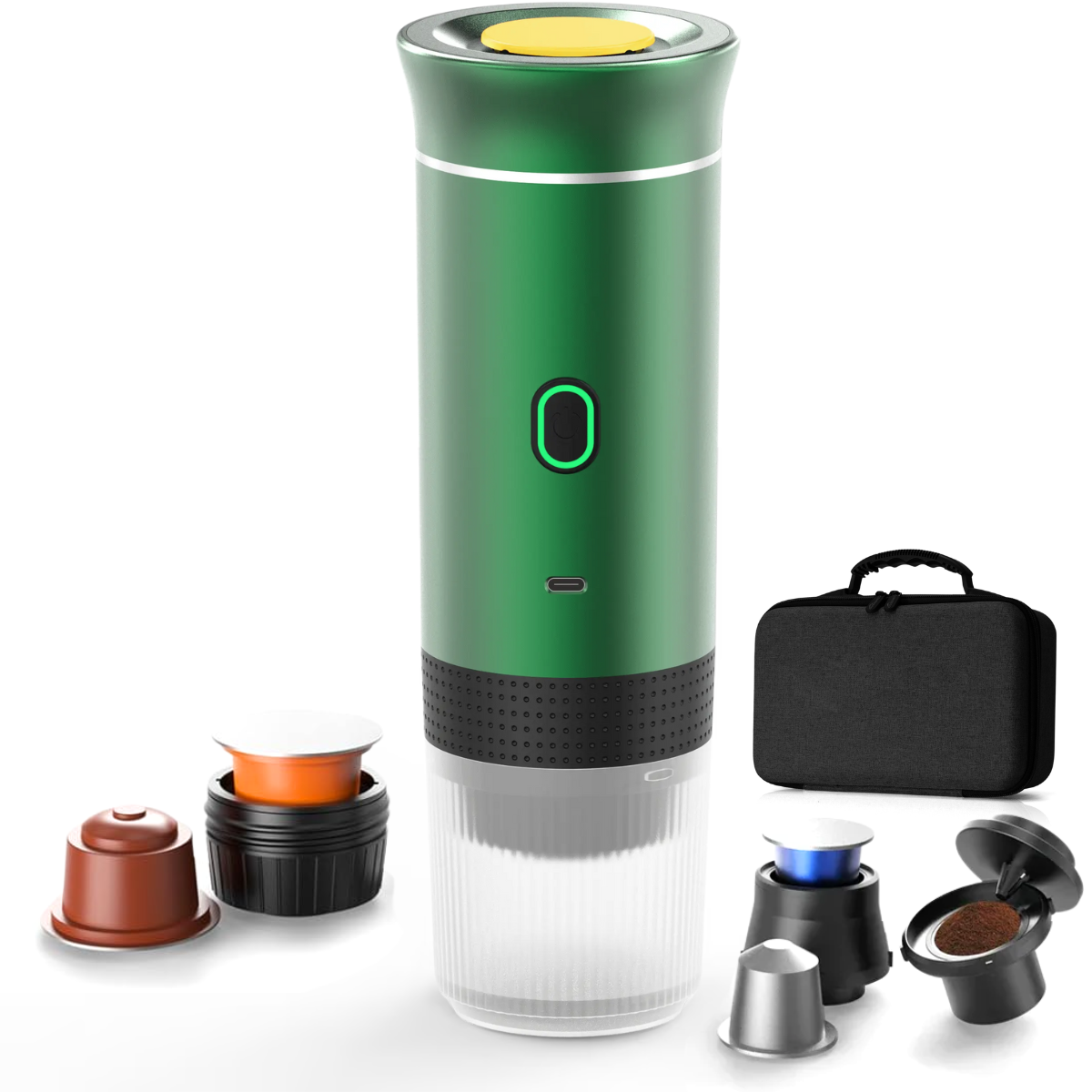 Espressor Portabil 3 in 1, Capsule Nespresso, Nescafe Dolce Gusto, Cafea macinata, 20 bar, 72W, Baterie 7500mAh, Geanta transport, Verde, easyCTRL®